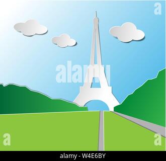 Travel poster with Paris, France famous landmarks in paper cut style. Vector illustration Stock Vector