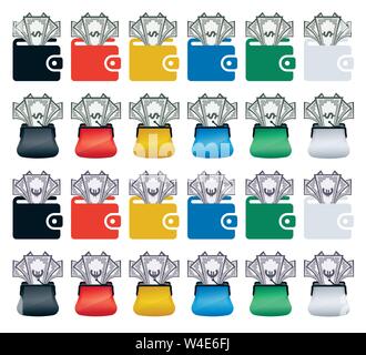 Colorful wallets with banknotes. Financial vector icons. Stock Vector