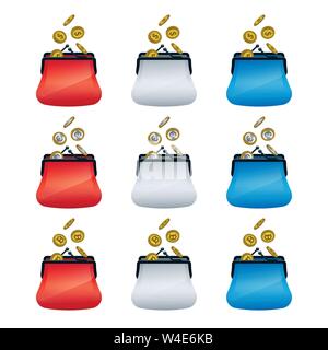 Colorful wallets with coins. Financial vector icons. Stock Vector