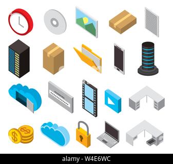 bundle of data center storage isometric set icons Stock Vector