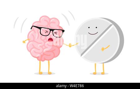 Cute cartoon ill human brain with headache and medicine pill. Sick central nervous system organ. Flat vector cartoon pain character illustration Stock Vector