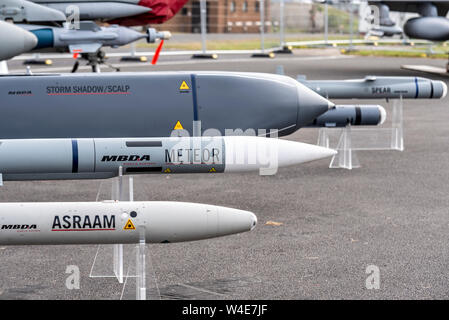 MBDA Storm Shadow, Scalp, ASRAAM missiles. Weapons of RAF Typhoon jet fighter on display at Royal International Air Tattoo airshow, RAF Fairford, UK Stock Photo