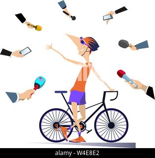 Mass media obtain an interview from the cyclist illustration. Reporters interview a smiling and proud cyclist isolated on white illustration Stock Vector