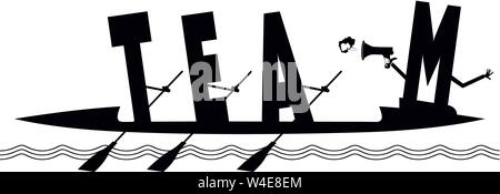 Funny concept inscription team illustration. Letters T, E, A with oars and M with megaphone rides on kayak black on white illustration Stock Vector