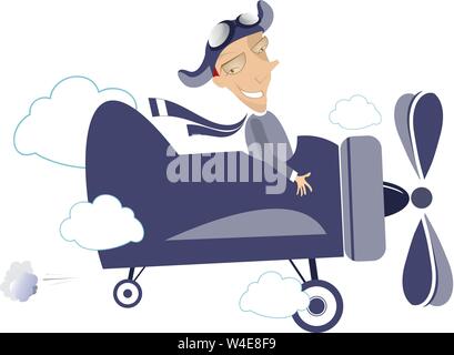 Funny pilot on the airplane illustration. Cartoon smiling man in helmet flies on the airplane isolated on white illustration Stock Vector