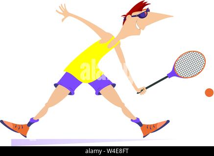 Young man playing tennis isolated illustration. Man with a tennis racket beats a ball isolated on white Stock Vector