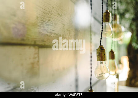 Elongated decoration bulbs hanging from the wooden ceiling. Stock Photo
