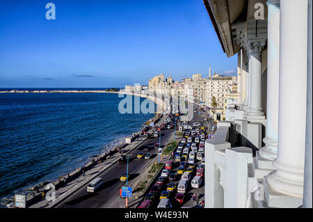 Looking at Traffic on the Corniche in Alexandria, ftom the historic Cecil Hotel Stock Photo