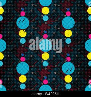 bright psychedelic geometric abstract circles on a dark background seamless pattern Stock Vector