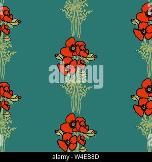 Seamless Floral Pattern. retro style Red poppies pattern with poppy flowers and green foliage on beige. Floral seamless background for textile, fabric Stock Vector