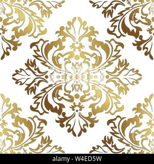Vector illustration. Damask seamless flowers pattern. Gold and white background Stock Vector