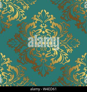 Vector illustration. Damask seamless flowers pattern. Gold and green background Stock Vector