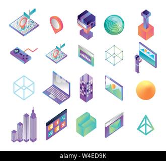bundle of virtual reality technology icons Stock Vector