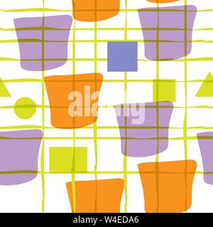 Seamless pattern. Yellow, orange and purple texture with shapes and stripes. Abstract vector background for web page, banners, fabric, home decor, wra Stock Vector
