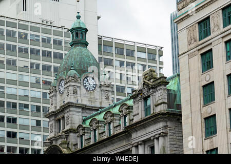 The dome clock tower at Sinclair Centre at Granville and Hastings streets in Vancouver, British Columbia, Canada. Stock Photo