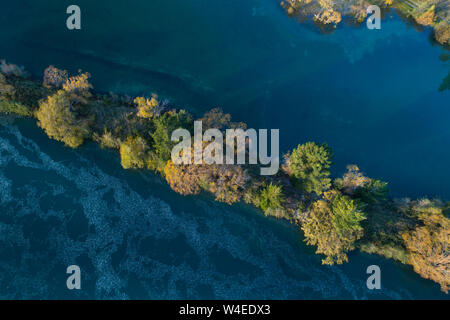 Lake Waitaki by Fishermans Bend Campground, Waitaki Valley, North Otago / South Canterbury, South Island, New Zealand - drone aerial Stock Photo