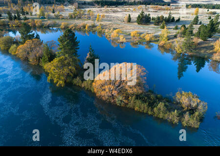 Lake Waitaki by Fishermans Bend Campground, Waitaki Valley, North Otago / South Canterbury, South Island, New Zealand - drone aerial Stock Photo