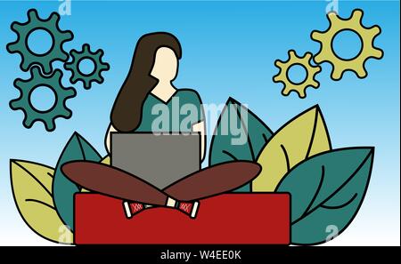 Girl sitting on the floor and working with laptop in social networks Stock Vector