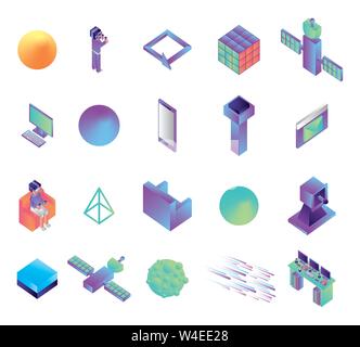 bundle of virtual reality technology icons Stock Vector