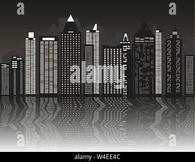 Gray night city with reflection vector illustration Stock Vector