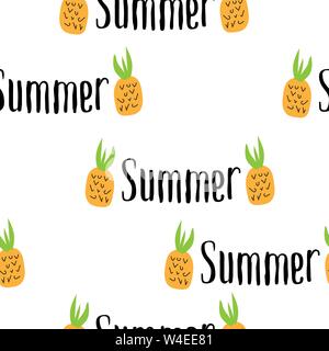 Happy Summer inscription on the background of pineapple. Vector illustration. Hand drawn Stock Vector