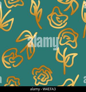 Gold Abstract Roses on green. Vector Seamless Pattern. Artistic background for wallpaper, wrapping, scrapbooking, textile, wedding, save the date, ban Stock Vector