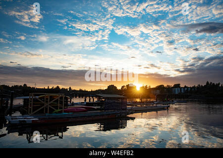 Paddling at Sunset on the Selkirk Waterway - Victoria, Vancouver Island, British Columbia, Canada Stock Photo