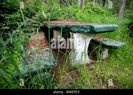 Old picnic table in Saxe Point Park, Esquimalt - Victoria, Vancouver Island, British Columbia, Canada Stock Photo