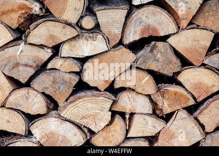 Close-up of a stack of Firewood - Strathcona Park Lodge in Strathcona Provincial Park, near Campbell River, Vancouver Island, British Columbia, Canada Stock Photo