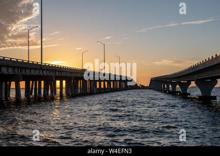 View between two bridges  as the sun rises Stock Photo