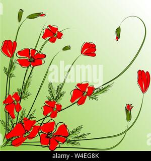 Bouquet red poppies. Vector bouquet made in the style of hand drawing. Poppies, buds, grass - use for summer design, memorial day Stock Vector