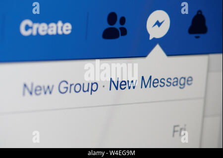 New york, USA - july 22, 2019: New message in facebook page close up view on laptop screen Stock Photo