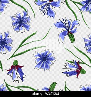 Seamless vector illustration with cornflowers and dragonflies on a light background. For decoration of textiles, packaging, web design Stock Vector