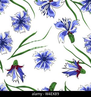 Seamless vector illustration with cornflowers and dragonflies on a light background. For decoration of textiles, packaging, web design Stock Vector