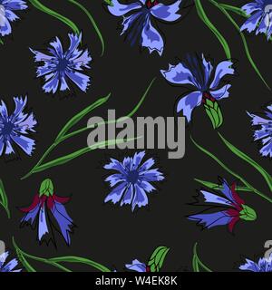 Seamless vector illustration with cornflowers and dragonflies on a light background. For decoration of textiles, packaging, web design Stock Vector