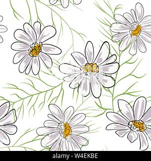 Seamless pattern with chamomile, camomile flowers on white background Stock Vector