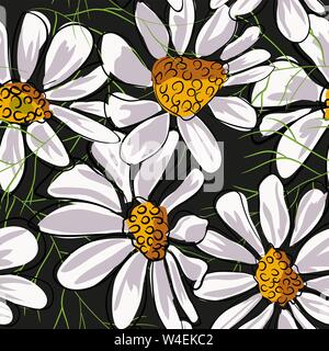Flower seamless pattern. Field herbs daisy textile print decoration on vintage dark blue background. Fashion traditional illustration vintage. Chamomi Stock Vector