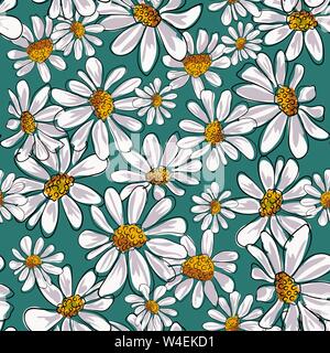Seamless pattern with chamomile, camomile flowers on white background Stock Vector