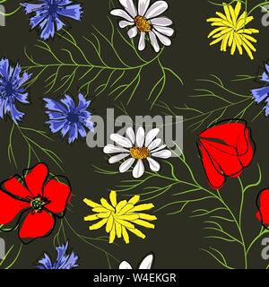 Seamless pattern of spring flowers. Poppy, chamomile, cornflower. Illustration on black background Stock Vector