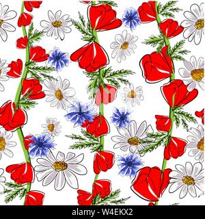 Red poppies and daisies. Seamless pattern. Vector illustration Stock Vector