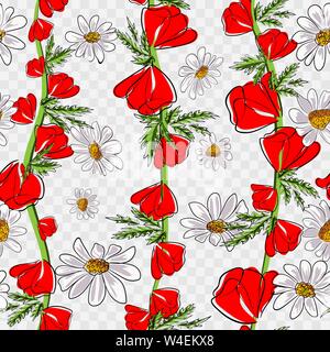Red poppies and daisies. Seamless pattern. Vector illustration Stock Vector