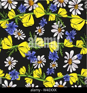 Red poppies and daisies. Seamless pattern. Vector illustration Stock Vector