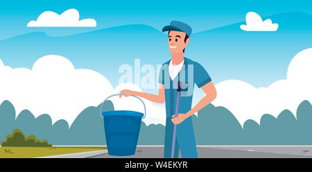 worker cleaning man bucket and mop outdoors vector illustration Stock Vector