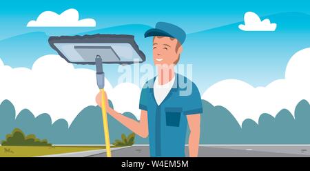 worker cleaning man mop outdoors vector illustration Stock Vector