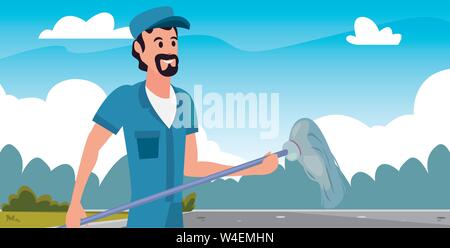 worker cleaning man mop outdoors vector illustration Stock Vector