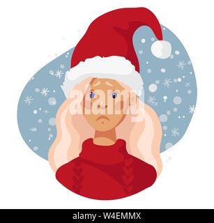 Sad girl in the red hat of Santa Claus. Vector character illustration. Sadness Christmas girl face avatar. Vector character in flat design, female icon. Stock Vector