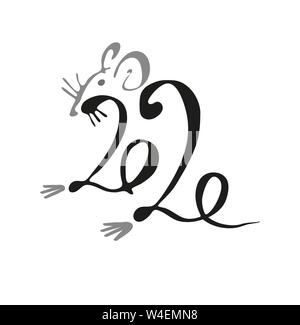 2020. The inscription with a rat. Calligraphy. Chinese new year 2020. Vector illustration isolated on white background. Stock Vector