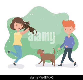 young couple with cute little dog and cat mascots vector illustration design Stock Vector
