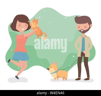 young couple with cute little dog and cat mascots vector illustration design Stock Vector