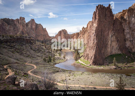 A landscape from Smith Rock State Park in central Oregon, a rock climbing paradise, on a sunny day. Stock Photo